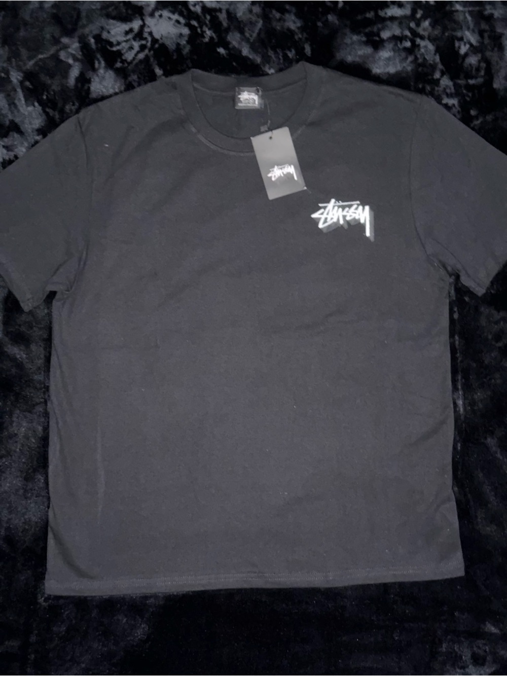 Stussy Black Tee with White Script Logo